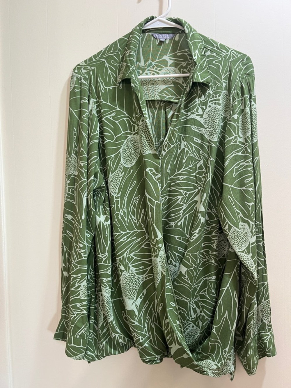 Manaola Olive Green Botanical Print V-Neck Blouse